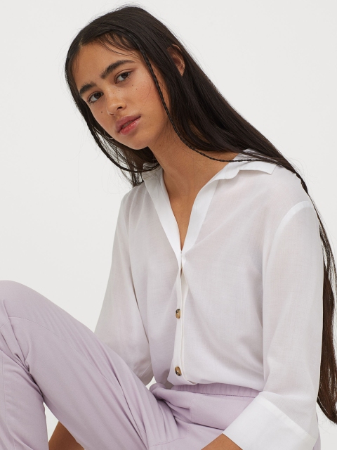 H&M Women White Solid V-Neck Shirt