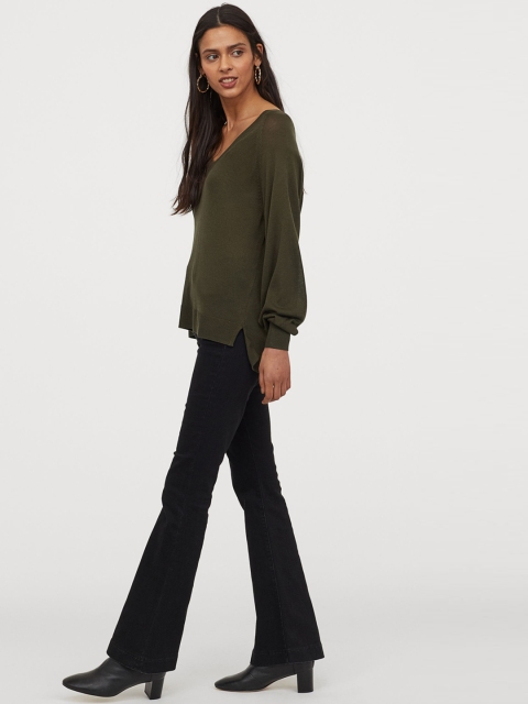 H&M Women Olive Green V-Neck Jumper
