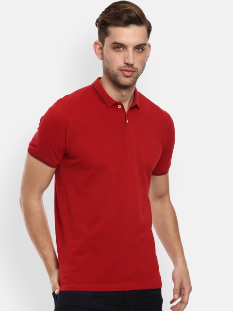 Louis Philippe Jeans Men Red Solid Polo Collar Pure Cotton T-shirt