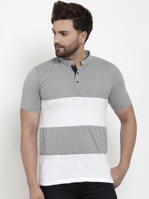 Kalt Men Grey Melange & White Colourblocked Mandarin Collar T-shirt