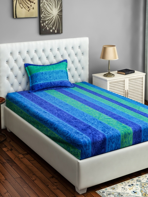 SWAYAM Blue & Green Ethnic Motifs 250 TC Cotton 1 Single Bedsheet with 1 Pillow Covers