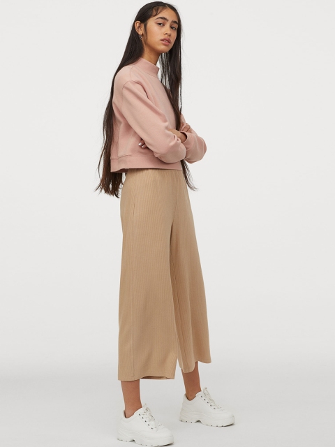 H&M Women Beige Solid Ribbed Trousers