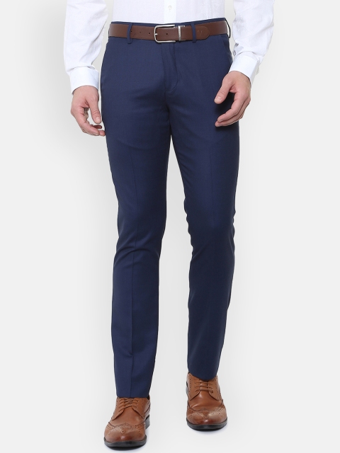 Louis Philippe Men Navy Blue Slim Fit Solid Formal Trousers