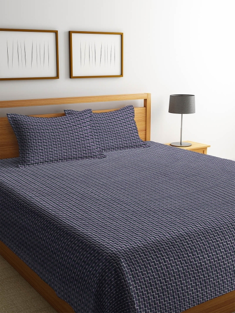 KLOTTHE Purple & Green Woven Design Double Bed Cover With 2 Pillow Covers