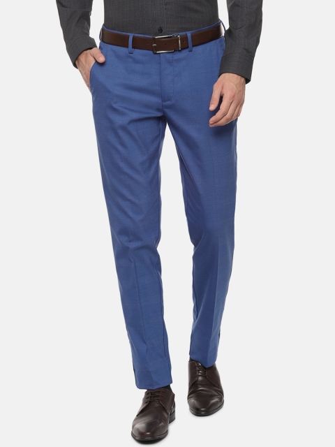 Louis Philippe Men Blue Slim Fit Self Design Formal Trousers
