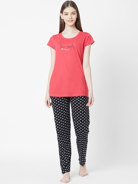 Juliet Women Pink & Black Solid Night suit