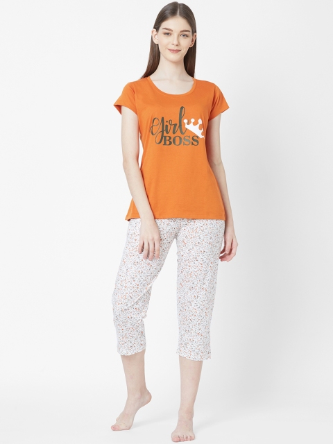 Juliet Women Orange & White Solid Night suit
