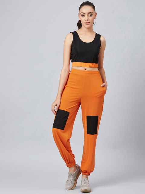 Athena Women Orange & Black Colourblocked Top with Trousers