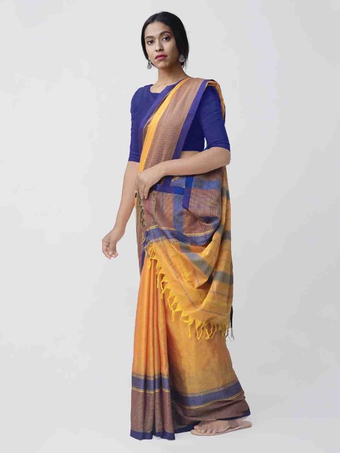 Unnati Silks Yellow & Blue Silk Cotton Woven Design Narayan Peth Handloom Saree