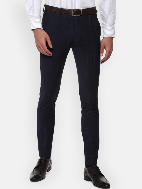 Louis Philippe Men Navy Blue Slim Fit Checked Formal Trousers