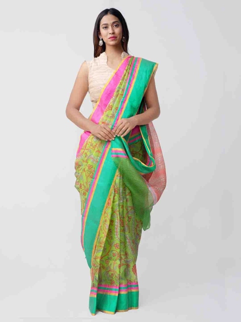 Unnati Silks Green & Red Silk Blend Printed Kota Handloom Saree