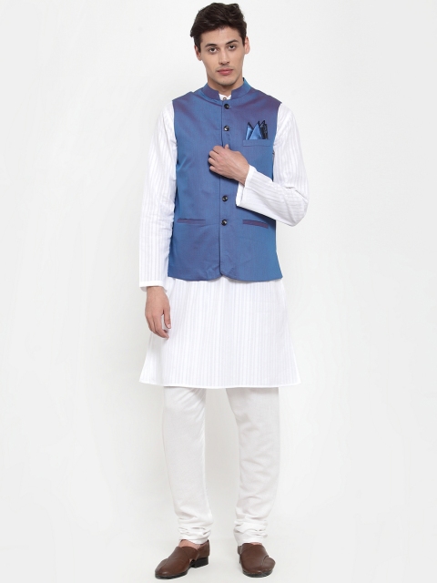 NEUDIS Men White & Blue Kurta with Churidar & Nehru Jacket