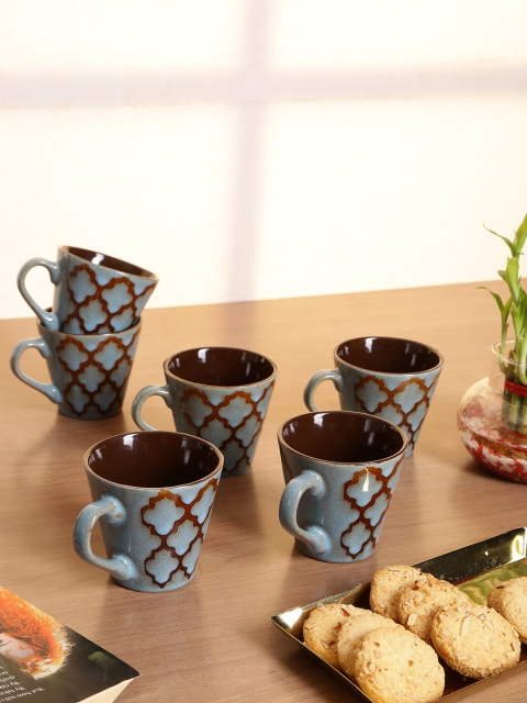 GOODHOMES Teal Blue & Brown Printed 6-Pieces Stoneware Coffee Mugs Set