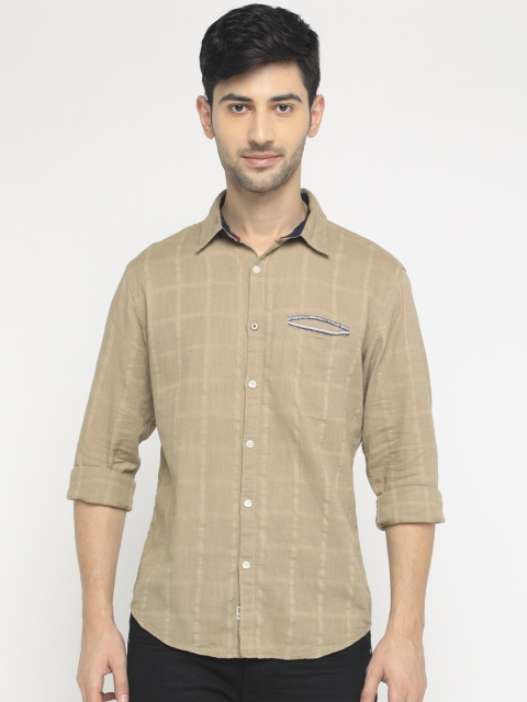 WITH Men Beige Slim Fit Checked Casual Shirt