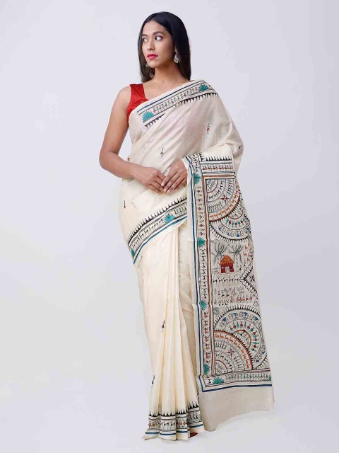 Unnati Silks Beige Pure Silk Printed Tussar Saree