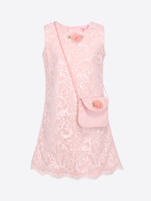 CUTECUMBER Girls Peach-Coloured Embroidered A-Line Dress With Sling Bag