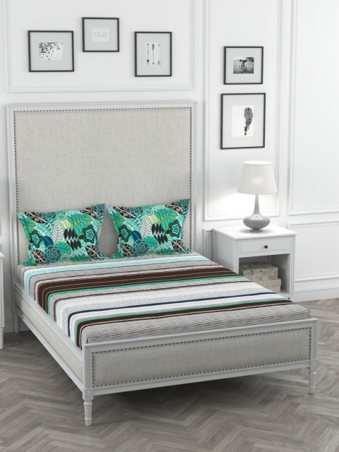 STELLAR HOME Off-White & Brown Striped 104 TC Cotton 1 Queen Bedsheet with 2 Pillow Covers