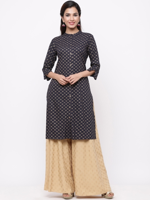Juniper Women Navy Blue & Gold-Toned Printed Straight Kurta