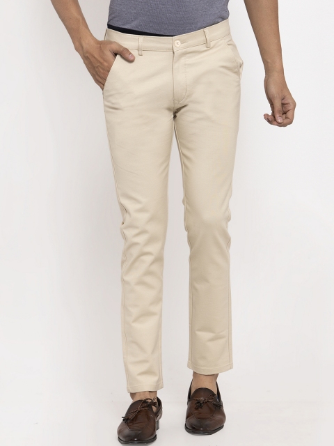 Rodamo Men Cream-Coloured Slim Fit Solid Regular Trousers