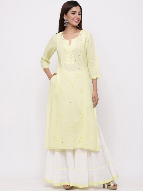 Juniper Women Yellow & White Embroidered Kurta with Sharara