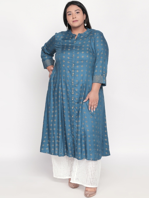 RANGMANCH PLUS by Pantaloons Women Blue Woven Design A-Line Kurta