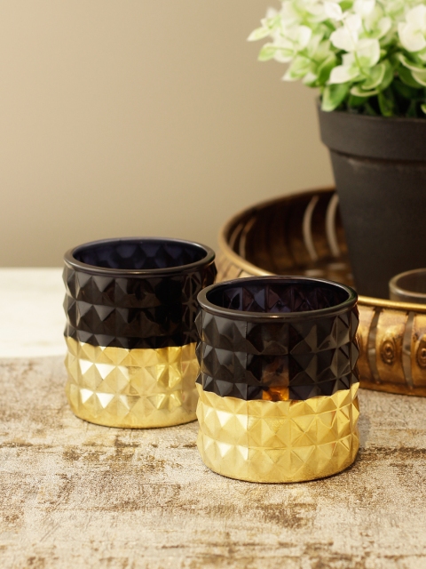 Living Essence Black & Gold Set of 2 Glass Candle Holder