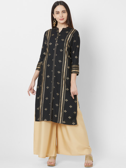 Vedic Women Black & Gold-Coloured Foil Printed Straight Kurta
Vedic Women Black & Gold-Coloured Foil Printed Straight Kurta