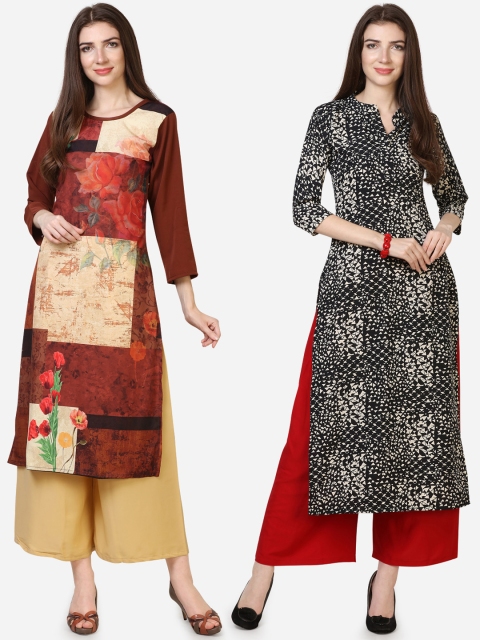 Silk Bazar Women Pack Of 2 Brown & Black Printed Straight Kurta