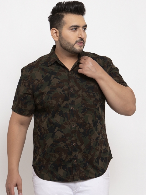 plusS Men Brown & Olive Green Camouflage Print Casual Shirt