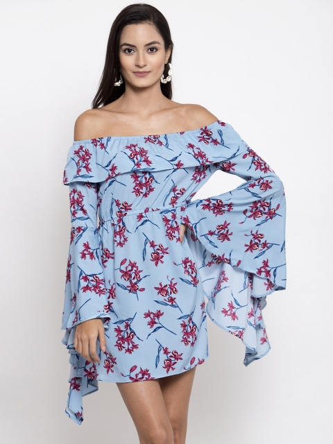 ATRAENTA Women Blue & Maroon Floral Print Fit and Flare Off Shoulder Dress
