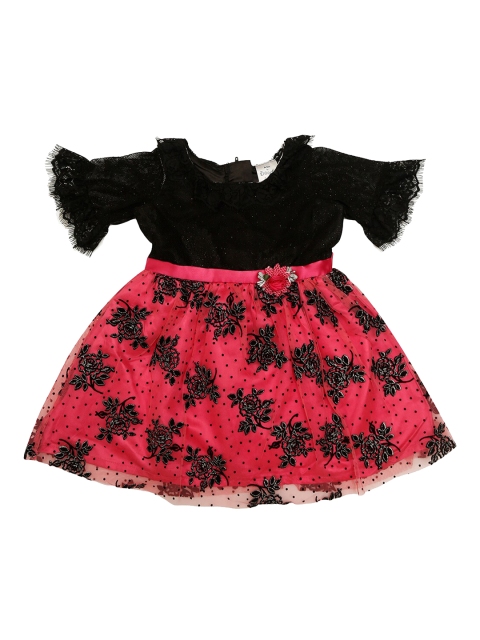 Doodle Girls Pink & Black Self Design Fit and Flare Dress