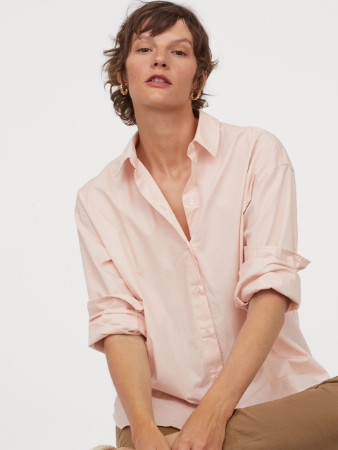 H&M Women Pink Solid Cotton Shirt