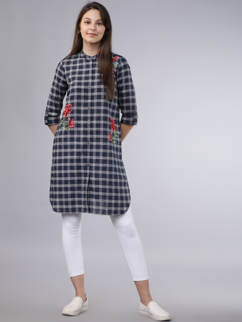 Vishudh Women's Navy Blue & White Checked Tunic