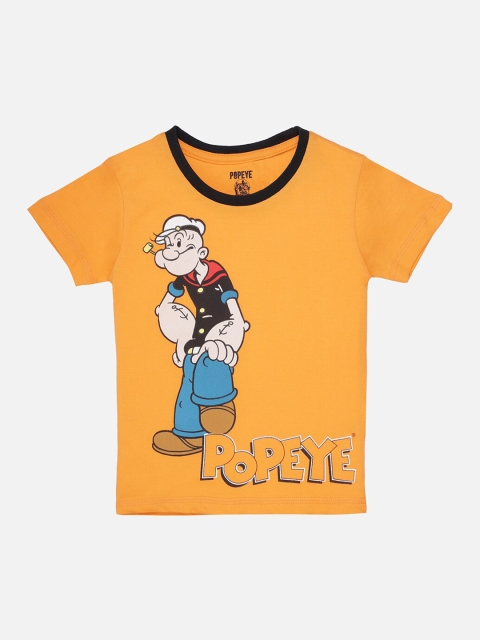 Kids Ville Boys Orange Popeye Print Round Neck T-shirt