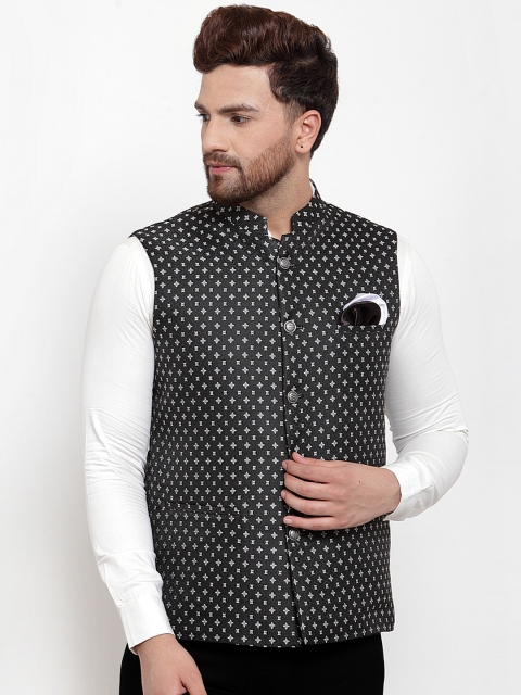 MAXENCE Men Black & White Jacquard Designer Slim Fit Nehru Jacket with pocket square
MAXENCE Men Black & White Jacquard Designer Slim Fit Nehru Jacket with pocket square