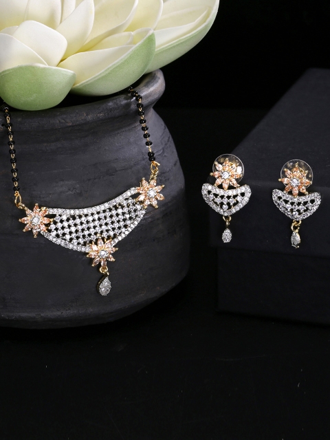 Yellow Chimes Gold-Plated Black & White Beaded AD-Studded Mangalsutra & Earrings Set