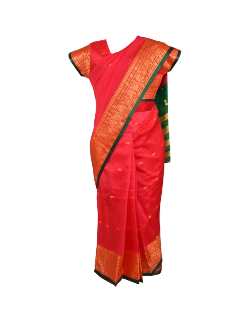 Wish Karo Girls Red & Green Art Silk Solid Ready to Wear Kanjeevaram Saree