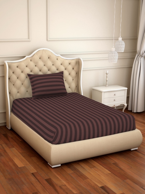 SPACES Brown Striped 210 TC Cotton 1 Single Bedsheet with 1 Pillow Covers