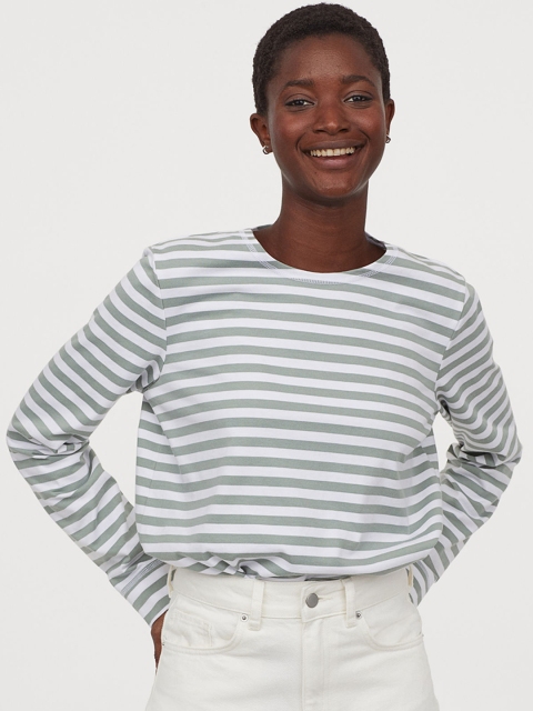 H&M Women White & Grey Striped Cotton Jersey Top
