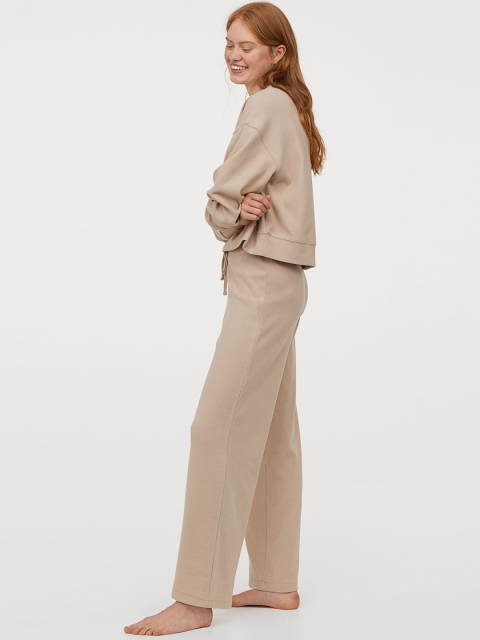 H&M Women Beige Solid Ribbed Pyjama Bottoms