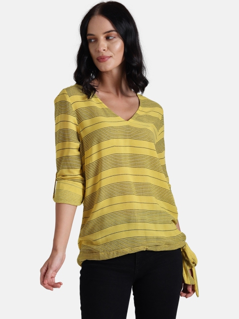 Chumbak Women Yellow & Black Striped Top with Tie Up Hem