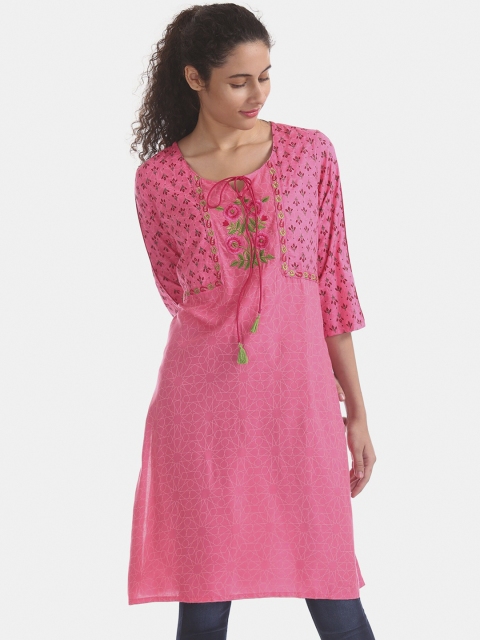 Karigari Women Pink Yoke Design Straight Kurta