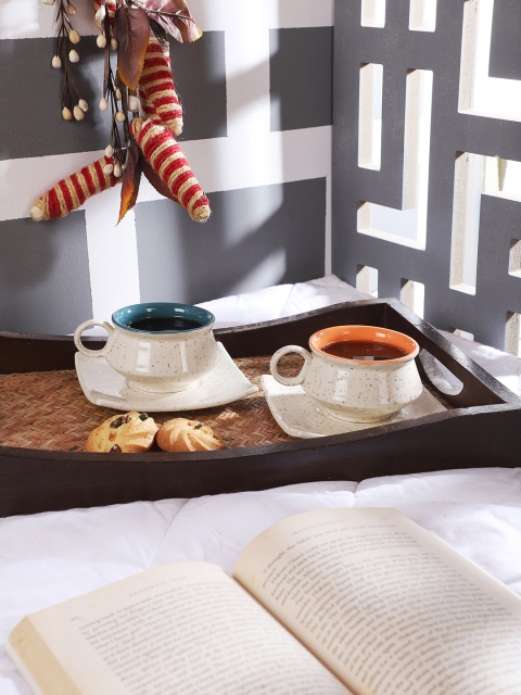 CDI White & Brown 12 Pcs Printed Ceramic Cups and Saucers Set