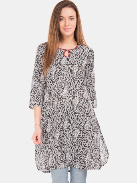 Karigari Women Black & White Printed A-Line Kurta