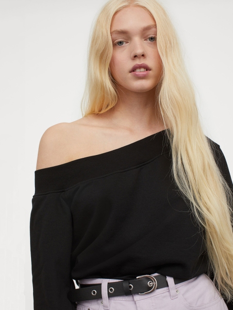 H&M Women Black Solid One-shoulder Sweatshirt