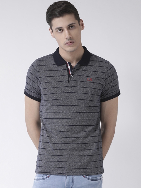 COBB Men Grey & Black Striped Polo Collar T-shirt