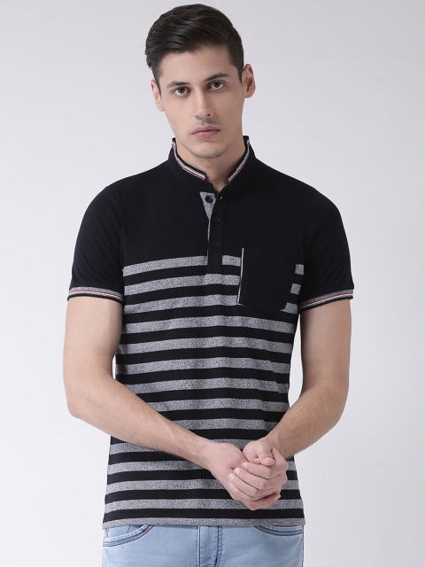 COBB Men Black & Grey Striped Mandarin Collar T-shirt