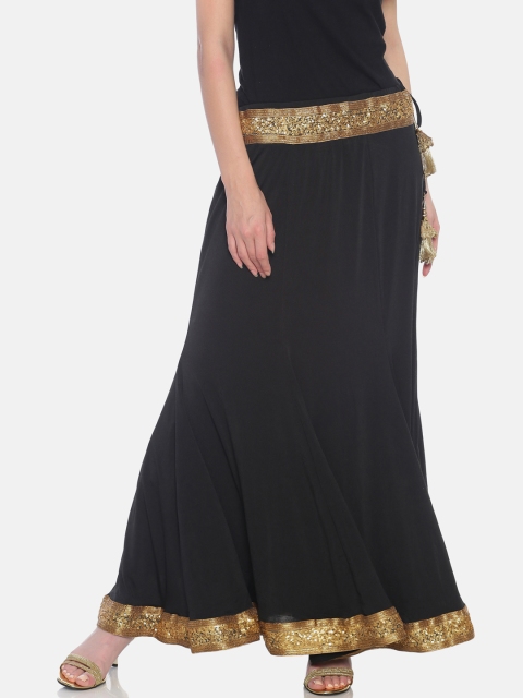 Ira Soleil Women Black Solid Flared Maxi Skirt