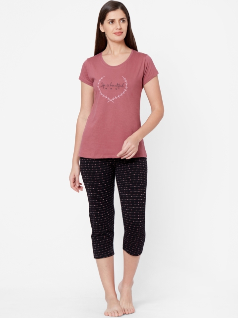 Juliet Women Pink & Black Printed Night Suit