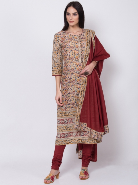 Biba Women Rose & Navy Blue Printed Kurti with Churidar & Dupatta